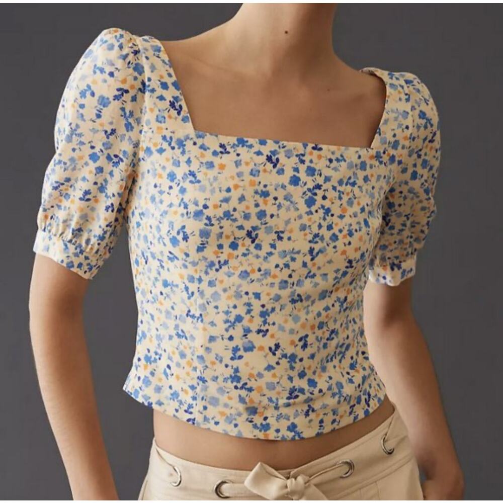 Favorite Daughter Square Neck Floral Print Blouse Top Size S Blue Motif Satin